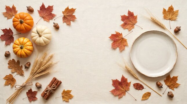 Flat lay of autumn harvest decorations with pumpkins colorful maple leaves and empty plate on white background