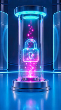 Glowing neon padlock floating inside a futuristic cylindrical glass security chamber with rising pink particles. Cyber protection, data privacy and secure server technology in vertical format