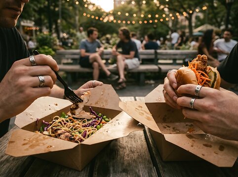 People enjoying street food and outdoor dining with string lights in the background