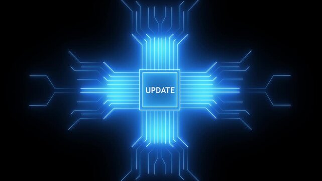 Digital software update notification with glowing blue circuit board processor on black background