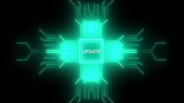Digital software update notification with glowing cyan circuit board processor on black background