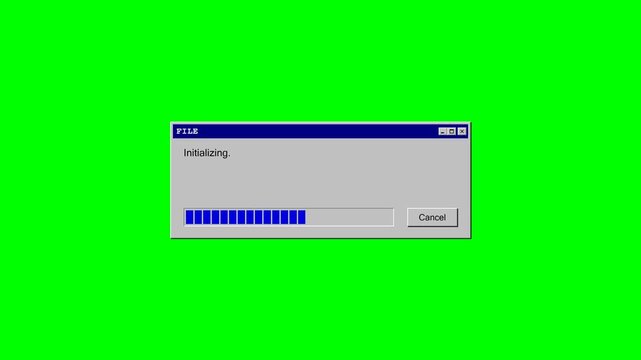 Retro Computer Loading Screen with Blue Progress Bar Filling Up and Text Changing from Initializing to Successfully on Green Screen Background for Chroma Key Compositing