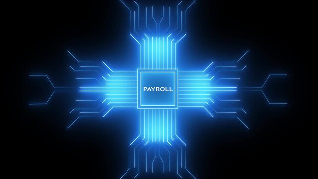 Digital payroll processing concept with glowing blue circuit board lines on black background