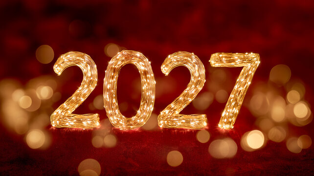 Christmas and New Year banner with glowing golden 2027 numbers on a red bokeh background