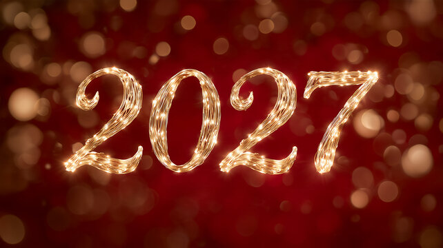 2027 Glowing String Lights Text Effect, New Year banner with glowing golden 2027 numbers