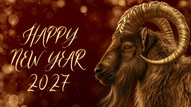Happy New Year 2027  Red Banner with Goat Portrait