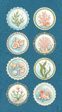 Sea botanicals and seashell watercolor medallions grid on textured sea blue paper background