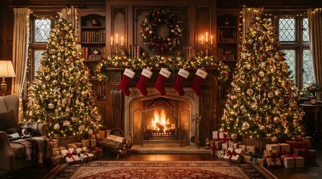 A warm and inviting christmas scene unfolds showcasing a beautifully decorated living room with two majestic christmas trees flanking a cozy fireplace creating a magical