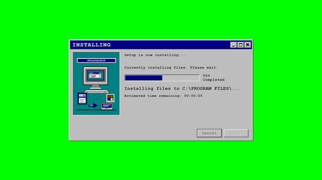 Retro Computer Software Installation Window with Blue Progress Bar and Loading Percentage Advancing from Ten to Ninety Five Percent on Green Screen Background for Chroma Key Compositing