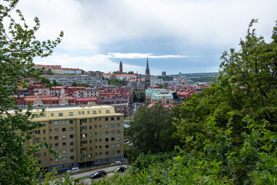 Gothenburg city view with church spires seen through trees, Sweden
