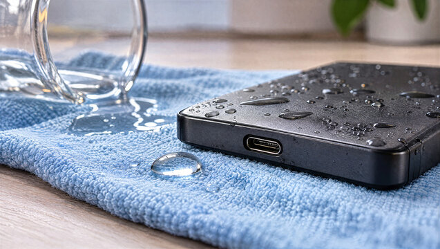 Portable external hard drive covered in water droplets on blue absorbent cloth near spilled glass. Closeup of waterproof hardware or data recovery and risk of accidental damage concept