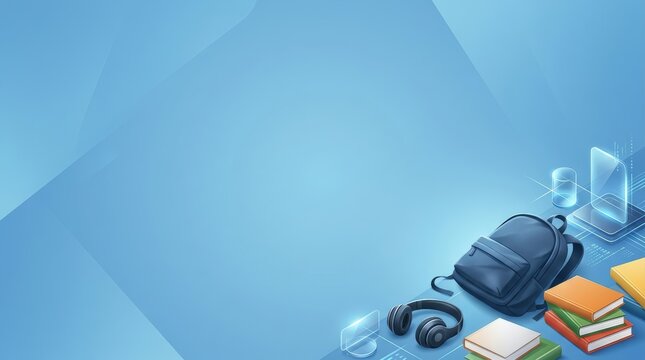 School backpack with books and headphones on blue technology background