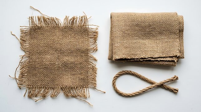 Set of rough burlap fabric pieces and twisted rope with jute cloth