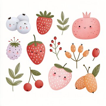 Charming watercolor clipart set featuring  with fruits and forest berris ,seamless pattern with strawberries