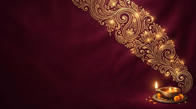 A beautiful traditional diwali oil lamp glowing against a dark maroon background with elegant golden ornamental patterns and sparkles