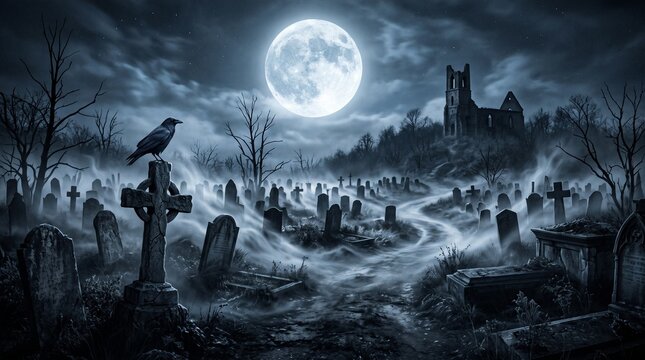 A black raven perched on a stone cross in a foggy cemetery under a full moon with graveyard ancient tombstones tombstones ruined building