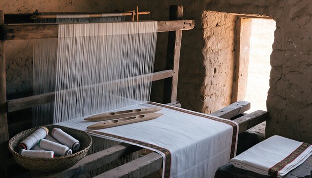 Traditional Kuba raffia cloth weaving loom with geometric embroidery pattern, DR Congo