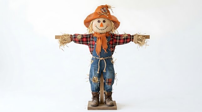 Friendly scarecrow doll wearing plaid shirt and blue overalls with straw man