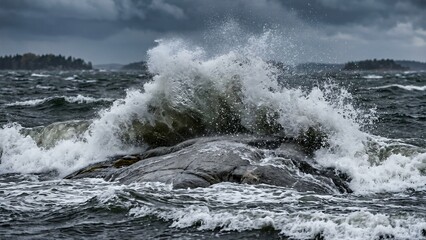 Fototapeta premium High Speed Impact of a Storm Wave Crashing Against a Granite Skerry