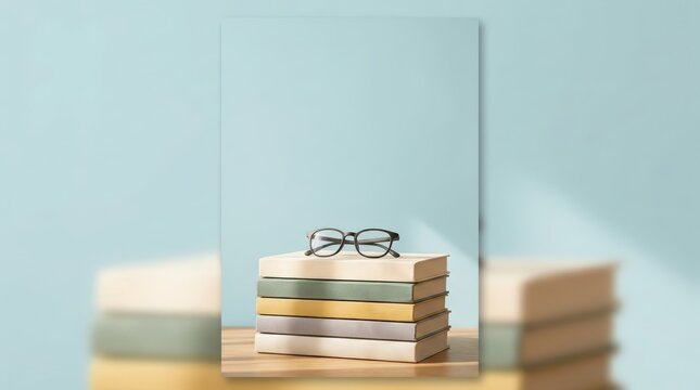 Stack of blank books with eyeglasses on wooden table against blue background