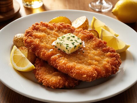 Crispy breaded schnitzel served on white plate with boiled potatoes, fresh lemon slices. Golden fried meat fillet topped with melting herb butter in restaurant. Tasty traditional Austrian meal with