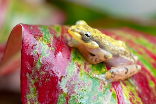 Close-up macro portrait of a tiny tree frog sitting on a wet red and green variegated tropical leaf, Indonesia