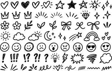 Obraz premium Hand Drawn Doodle Icons Hearts Stars and Floral Vector Set
