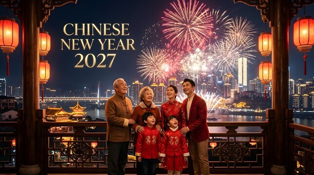 Chinese new year 2027 celebration with family watching fireworks over city skyline.
