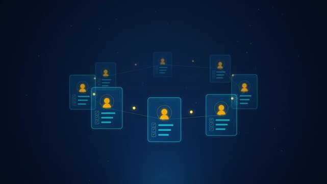 Digital network connections forming a circular data flow against a dark blue abstract background with subtle light effects