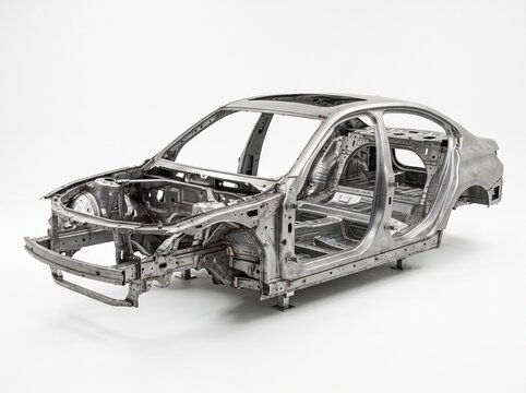 Technical 3D render of an automobile body-in-white frame and skeleton isolated on white background.