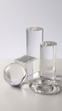 Set of minimalist transparent glass geometric objects including sphere 9:16