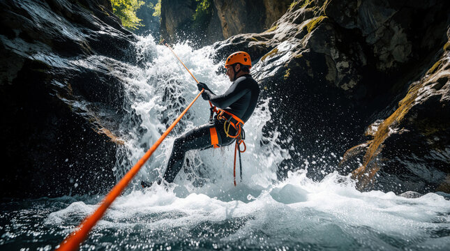 Man rappels down wild waterfall using orange rope, climbing gear. Male athlete performs abseiling in rocky canyon gorge. Extreme adventure sport person descends through splashing water spray with