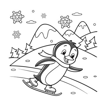 Cute cartoon penguin wearing a scarf ice skating on a frozen lake with snowy mountains and snowflakes, black and white outline coloring page vector illustration for kids.