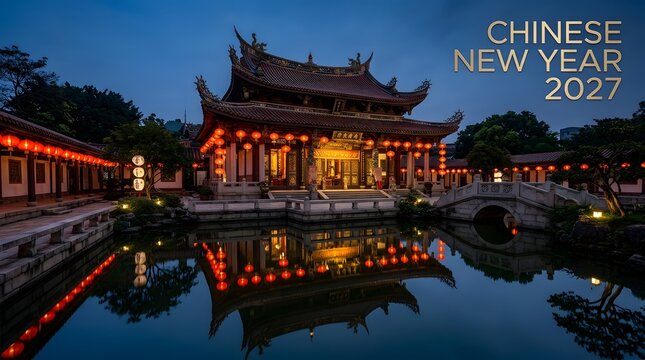 Traditional chinese temple with red lanterns reflecting in water at twilight