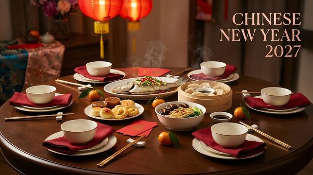 Chinese new year 2027 dinner table with steamed fish, dumplings, and red lanterns