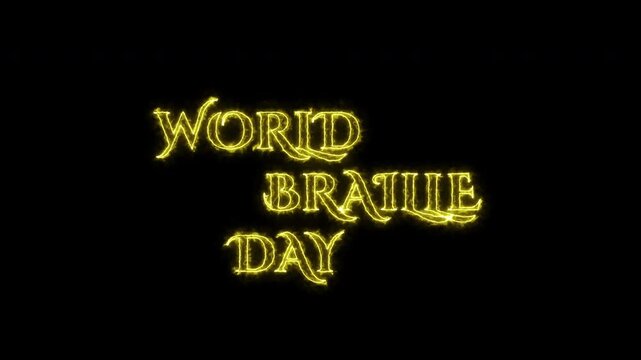 World Braille Day Glowing Yellow Neon Typography Animation on Black Background for Visual Impairment Awareness