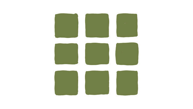 Nine green hand drawn square shapes arranged in a square grid pattern