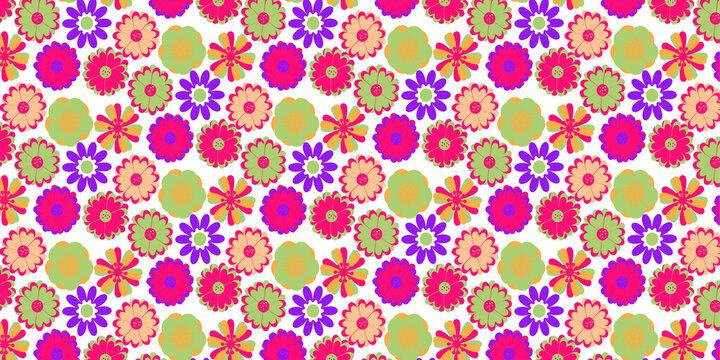 Retro floral pattern, colorful 70s style flower background, groovy spring blossom wallpaper
