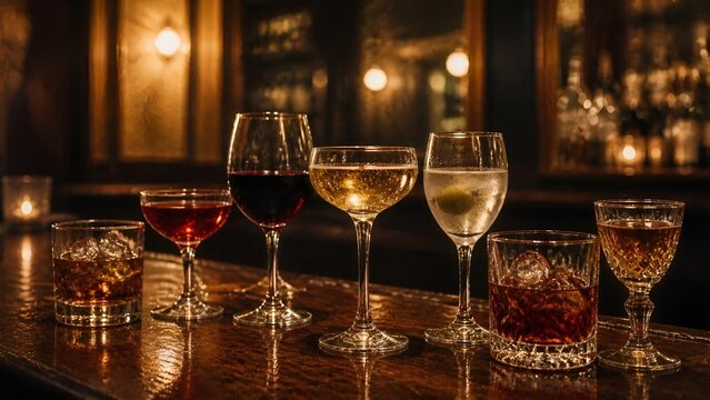Glasses of red and white wine and a glass of whiskey on the wooden bar, a warm relaxing atmosphere, subdued light in the deep interior