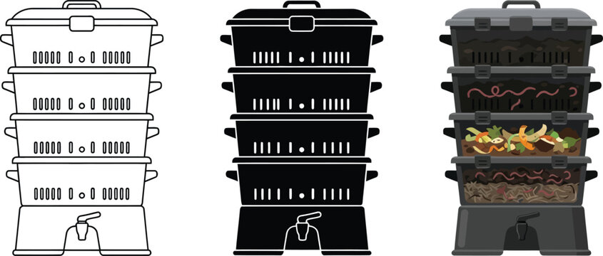 Vermicompost worm bin vector set, 4-tier organic waste composter for sustainable gardening, eco-friendly food scrap recycling system icons.
