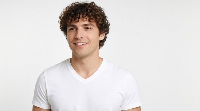 Smiling young caucasian man in white v neck t shirt looks away. Handsome male model with curly brown hair poses on white background. Happy guy with cheerful expression shows positive mood, casual