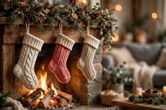 Knitted Christmas stockings hanging from a wooden fireplace mantel decorated with a pine garland