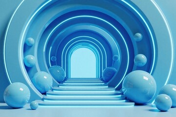 Fototapeta premium Abstract blue 3D corridor with glowing neon arches, stpic. Futuristic portal design features light circles, floating spheres. Modern architecture concept with bright cyan illumination creates tunnel