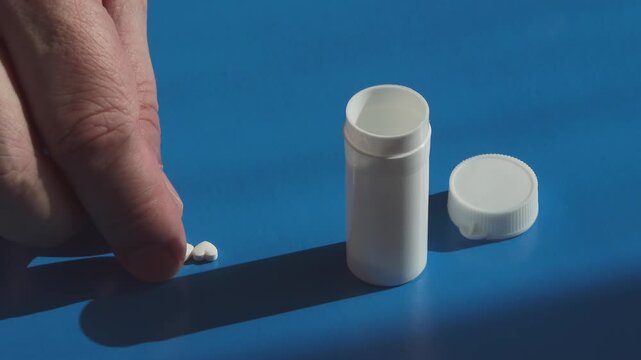 Hand counting and returning heart-shaped pills back into a white bottle on blue.