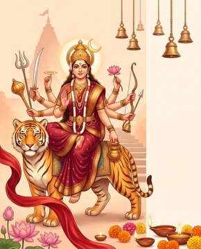 Goddess Durga riding a tiger with traditional weapons and lotus