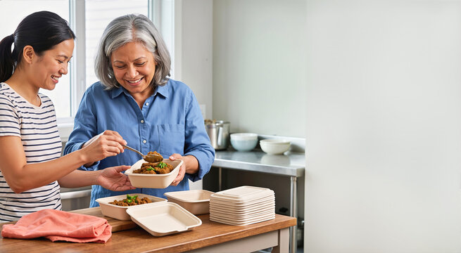 Two women portioning savory beef rendang with herbs into compostable paper takeaway containers in a bright commercial kitchen, preparing Lunar New Year food orders with generous copy space nearby