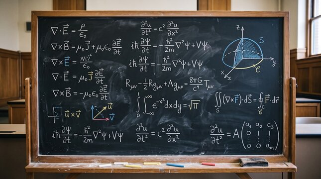 Complex physics equations written on a black chalkboard