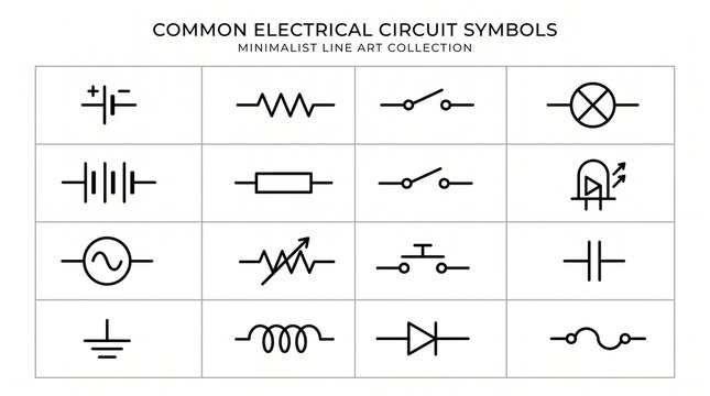 Minimalist line art collection of electrical circuit symbols