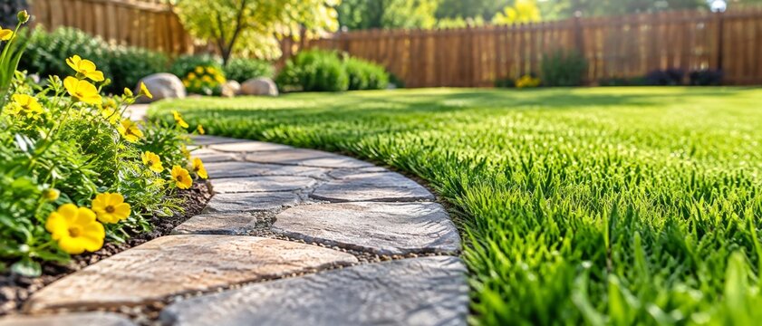 Winding stone path curves through a vibrant green lawn. Yellow flowers and lush bushes line the garden border. This tranquil backyard setting offers a peaceful outdoor escape. banner format