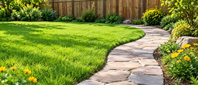 Winding stone path curves through a vibrant green lawn. Yellow flowers and lush bushes line the garden border. This tranquil backyard setting offers a peaceful outdoor escape. banner format